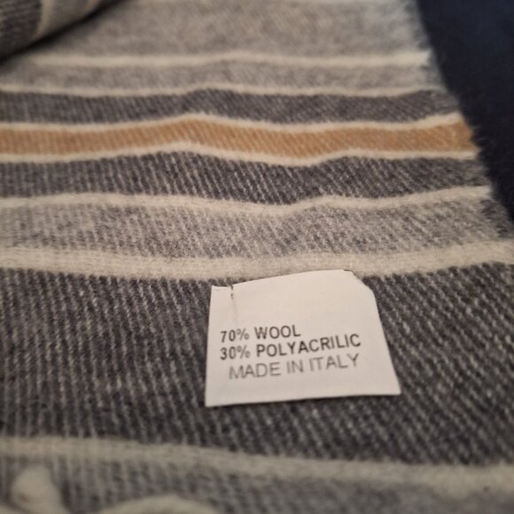 BARBAROSSA Italy Gray Tan Wool Blend Blanket Stripe 62” Fringe Scarf Muffler - Picture 5 of 5